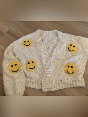 Cropped Cream Cardigan with Yellow Smiley Patches